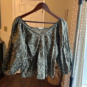 Olive Floral Peplum Women's Top with Balloon Sleeves